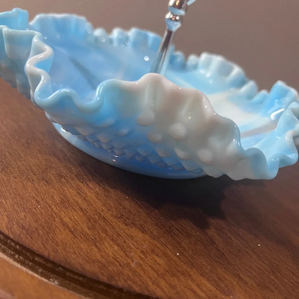 Vtg Fenton Blue Slag Glass Hobnail Ruffled Tidbit Tray Serving Dish 8